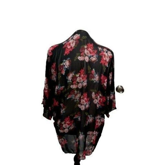 Womens Kimono Size Med Open Cardigan Sheer Cover Up Black Red Floral Mid Length - Picture 2 of 4